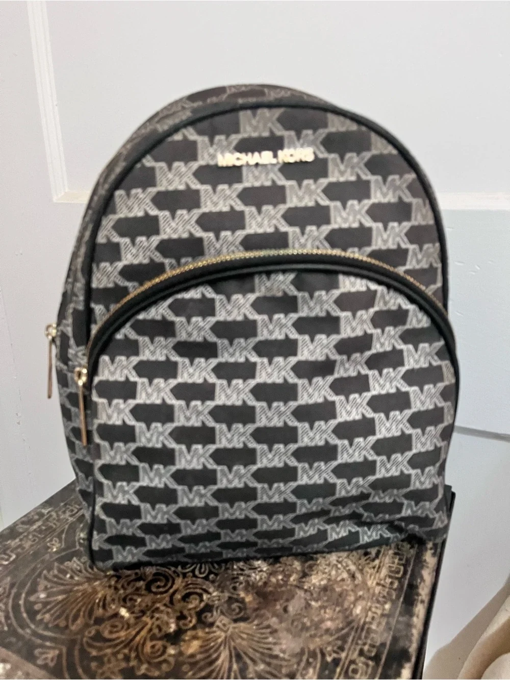 Marc Jacobs Black and Gray Logo Backpack with Gold Hardware